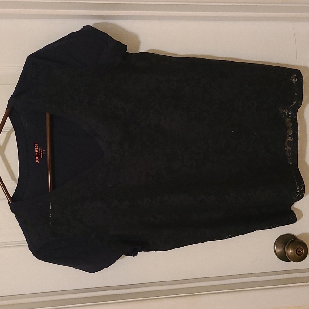 JOE FRESH Women's Navy Blue Short Sleeve Laced Front Tee - Size Large